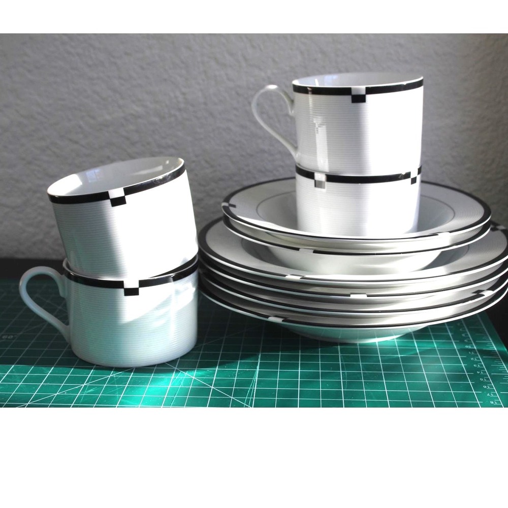 Mikasa Fine China Metropolis L3234‎ Black White Silver 9pc Set Mugs Bowls Japan
